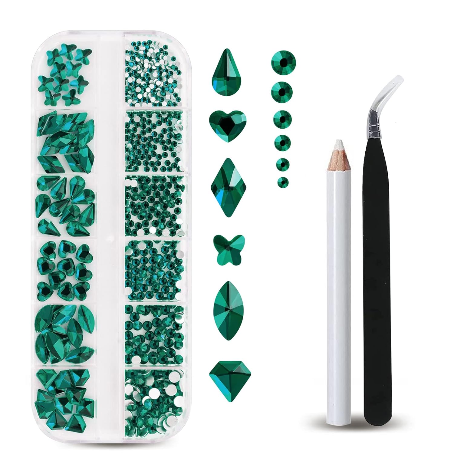Nail Art Emerald Green - 12-roosters smaragdgroene plaksteentjes nagelsteentjes, verpakking met