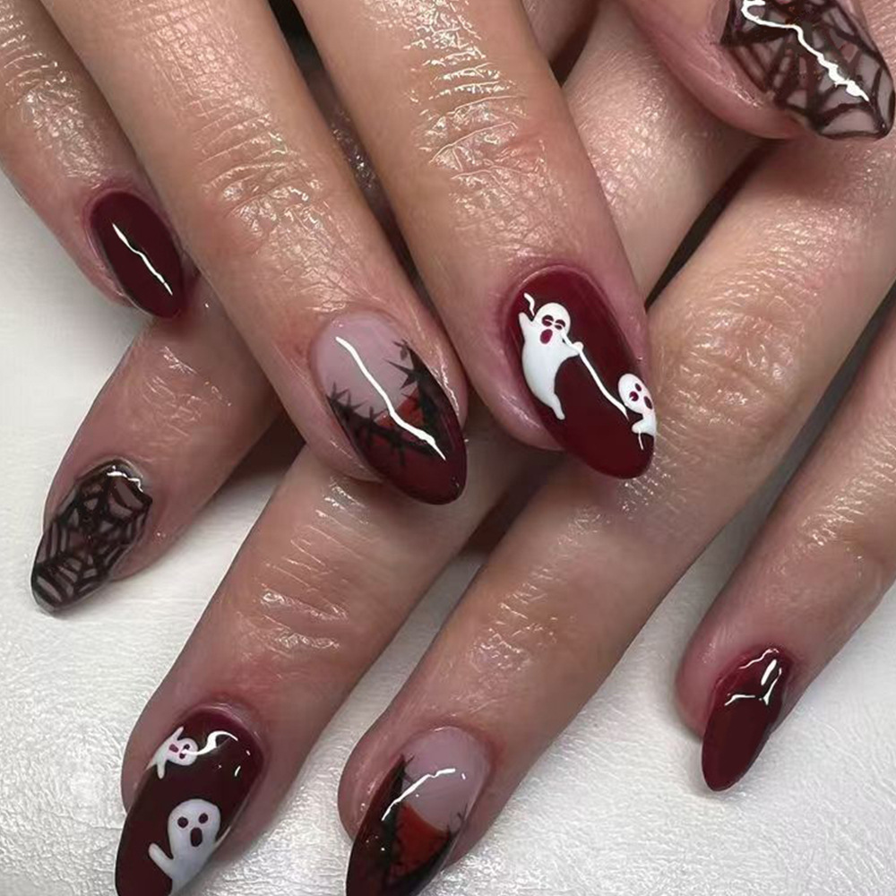 Nail Art Burgundy - 24 stuks Halloween opzetnagels spook spinnenweb